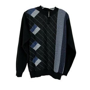 Crescent Bay Pullover Sweater Men's Small 1/4 Zip Black Argyle Crew Neck
